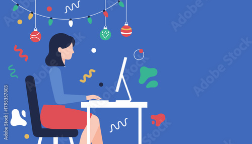 Professional working on computer amidst holiday decorations Festive remote work illustration