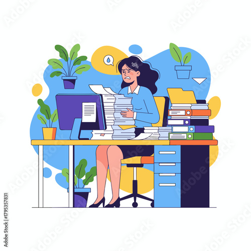 Overworked employee frustrated by massive paperwork and office deadlines Business stress