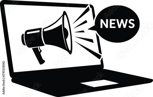 Black and White Vector Icon of Laptop with Megaphone and NEWS Speech Bubble Representing Digital News Broadcasting
