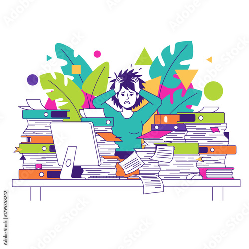 Stressed worker buried in files Burnout heavy workload and office overwhelm concept