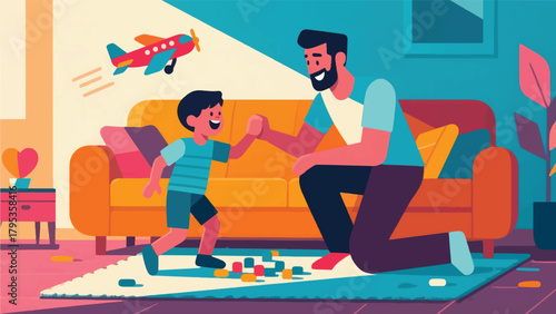 Illustration Of A Father Playing With His Son Vector Design Template