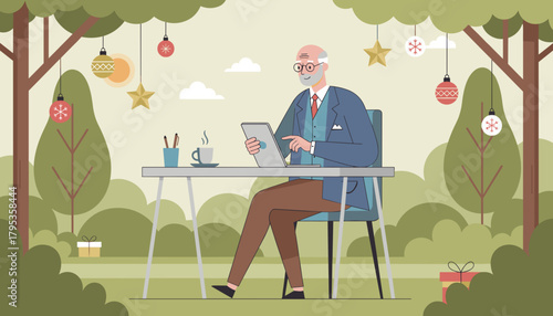 Mature man using a tablet for remote work outdoors during the Christmas holiday season