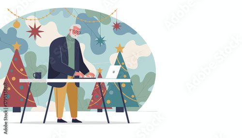 Senior man working on laptop at standing desk surrounded by festive Christmas decorations Remote holiday work