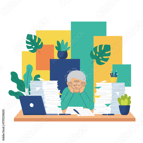 Exhausted senior worker surrounded by endless paperwork business stress workload and bureaucracy