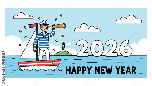 Sailor celebrating 2026 New Year on a boat looking toward the future with a spyglass Vector art