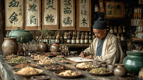 An elderly Asian man with gray hair sits at a wooden table covered with various herbs and spices. Traditional Chinese calligraphy adorns the walls behind him.
