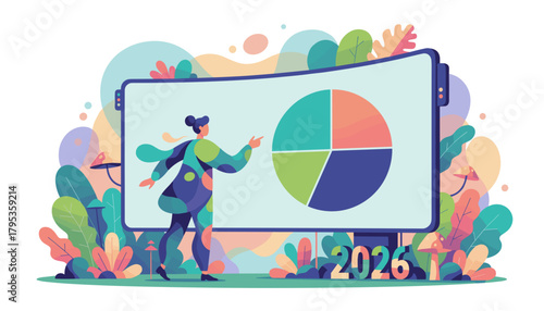 Business analyst presenting 2026 data projection on a screen with a colorful pie chart graphic