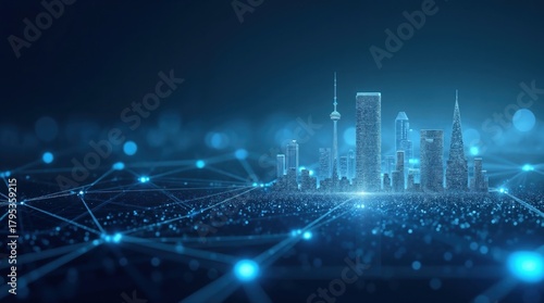 A futuristic city skyline illuminated in blue tones, showcasing modern skyscrapers and a network of digital connections