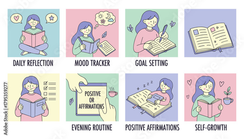 Cute set of vector illustrations for journaling daily routine mental health goal setting and selfgrowth