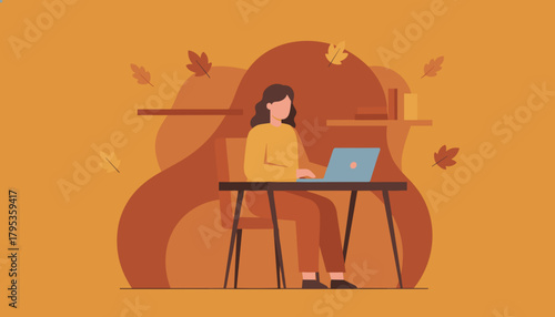 Woman working on laptop in a cozy autumnal setting Remote work and fall productivity concept