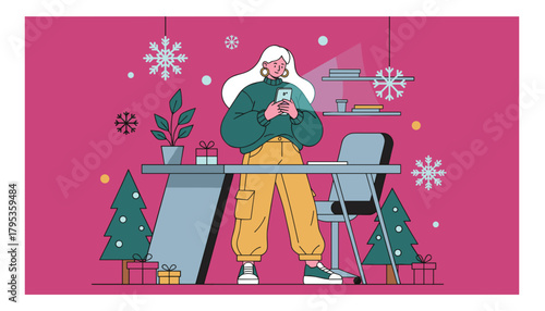 Woman using smartphone in a festive holiday office decorated with Christmas trees and snowflakes