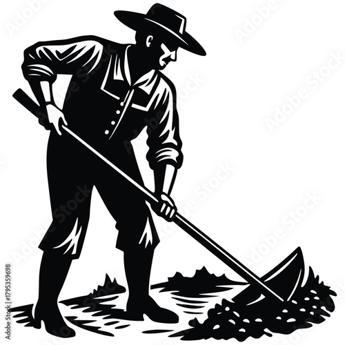 Farming Silhouette Icon Depicts a Farmer Working with a Hoe on White Background