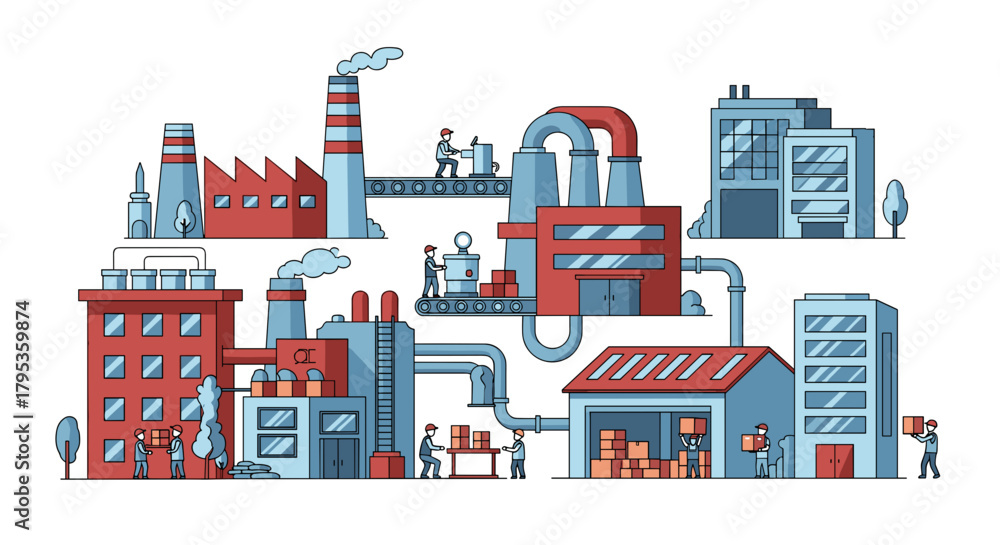 Fototapeta premium Industrial factory complex illustration manufacturing production logistics and labor supply chain