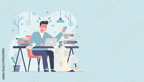 Burnout Frustrated worker overloaded with deadlines and paperwork during winter season