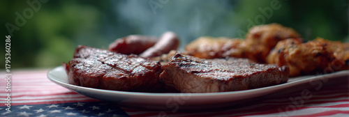 Grilled steak barbecue picnic backyard smoke summer plate meat sausage chicken outdoor holiday