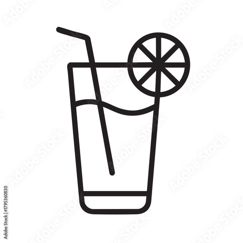 A simple black and white line drawing depicts a refreshing glass of lemonade with a straw and citrus slice