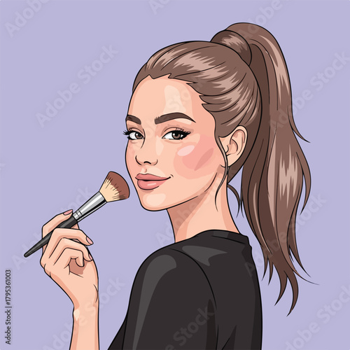 Young woman applies makeup with brush, creating a flawless look