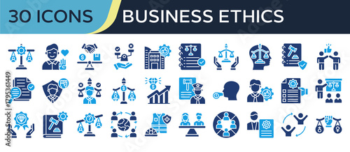 Collection of Business Ethics icons, related to Ethical Practice, Honest, Fair Trade, Ethical Policy, Human Rights and more. Solid icons vector illustation.