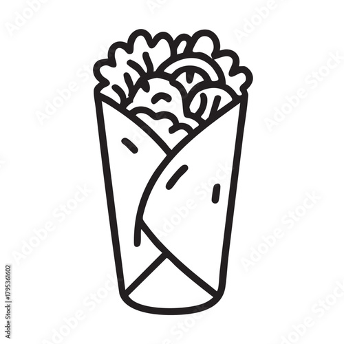 A simple black and white line drawing depicts a delicious gyro or shawarma wrap a popular street food