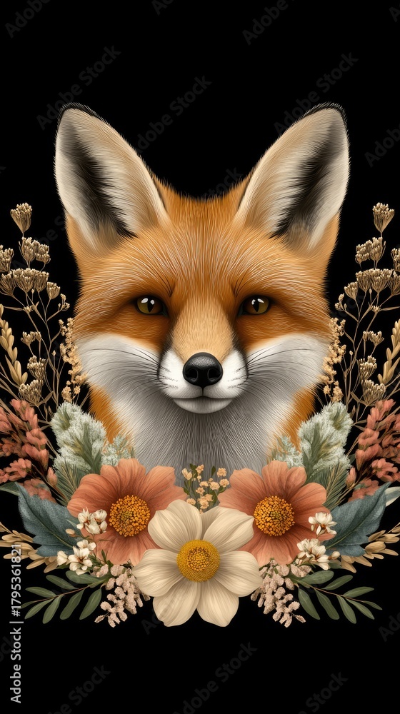 Naklejka premium Portrait of a fox surrounded by intricate floral designs, rendered in warm colors with a gothic touch, perfect for t-shirt printing