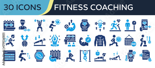 Collection of Fitness Coaching icons, related to Workout Plan, Personal trainer, Fitness App, Workout Time, Health Tracker and more. Solid icons vector illustation.