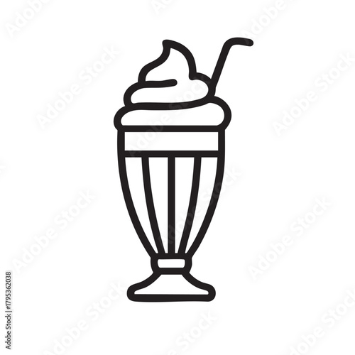 a simple black and white line drawing depicts a tall glass filled with a creamy milkshake and a straw