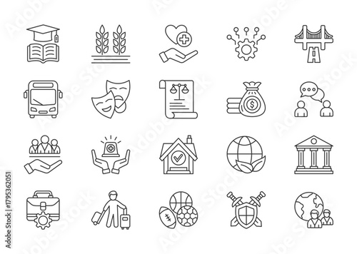 Sector of society thin line icon set. Containing education, agriculture, healthcare, technology, energy, transportation, arts, justice, finance, communication. Vector illustration