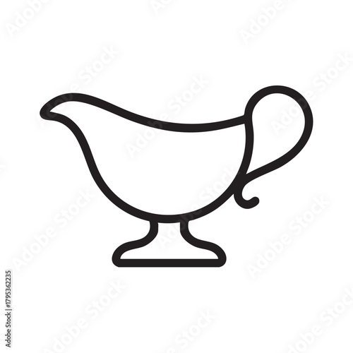 A simple black and white line drawing depicts a gravy boat a classic kitchen and dining element