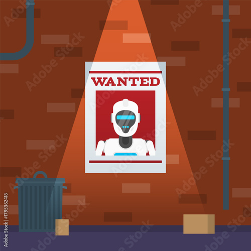 wanted poster with robot  portrait on brick wall on the street vector illustration