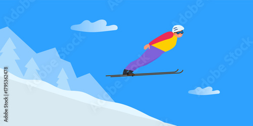 man ski jumping winter sport competition vector illustration
