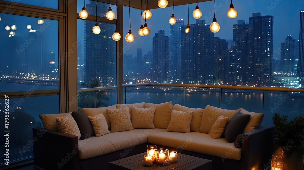 Naklejka premium Enjoy a cozy evening on a modern balcony adorned with fairy lights, overlooking the vibrant city lights of New York