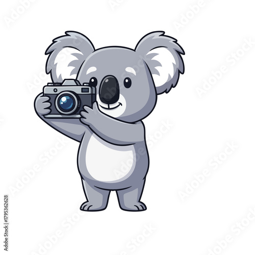 Cartoon Koala Photographer Holding a Camera with a Blue Lens