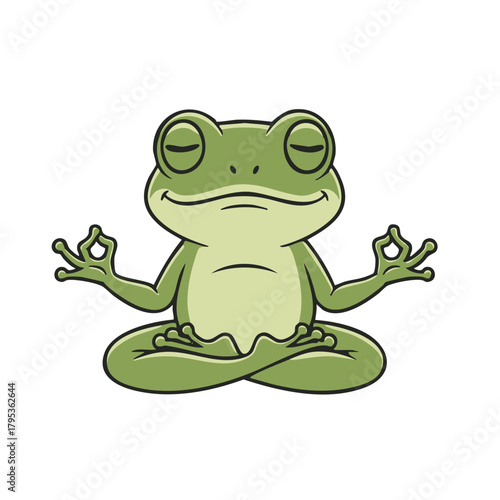 Cartoon frog in lotus position with closed eyes, practicing meditation