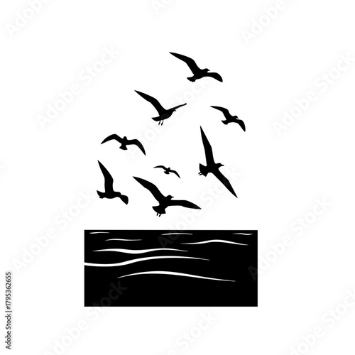 Silhouetted seagulls soaring above stylized ocean waves, creating a minimalist seascape