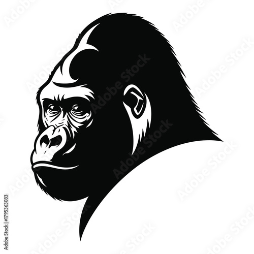 Powerful black gorilla head profile silhouette creating a bold, primal statement for branding and design needs
