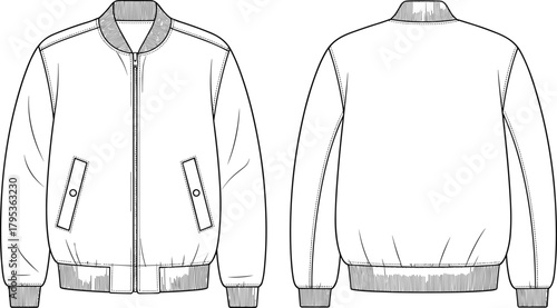 Technical flat sketch of bomber jacket, zip-up fashion template, garment construction drawing, apparel illustration, clothing blueprint, vector outline, ribbed cuff design, flap pockets