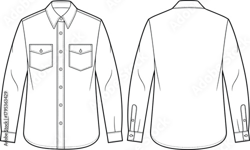 Technical flat sketch of button-up shirt, long sleeve design, fashion template, garment construction drawing, apparel illustration, clothing blueprint, vector outline, sewing details