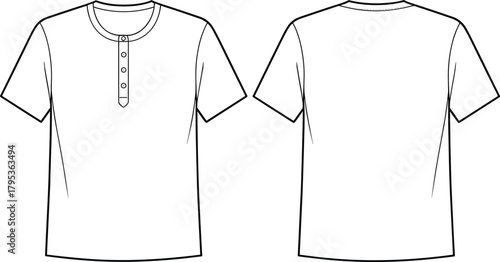 Technical flat sketch of Henley shirt, short sleeve button placket design, fashion template, garment construction drawing, apparel illustration, vector outline, stitching details, neckline
