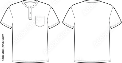 Technical flat sketch of Henley t-shirt, short sleeve design, fashion template, garment construction drawing, apparel illustration, clothing blueprint, vector outline, sewing details