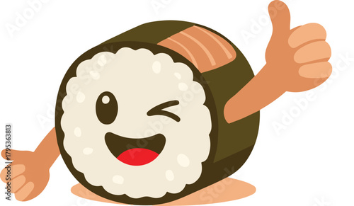 Cute sushi roll character giving a thumbs up with smiling face