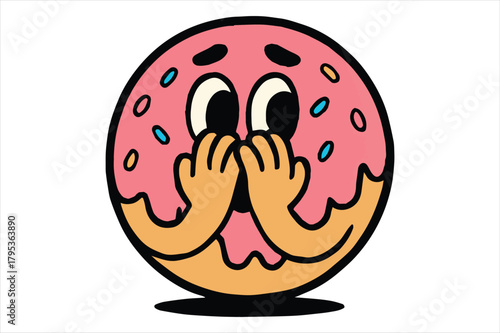Scared cartoon donut character covering mouth with hands, isolated Vector, illustration
