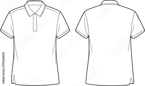 Technical flat sketch of polo shirt, short sleeve button placket design, fashion template, garment construction drawing, apparel illustration, vector outline, side slit details