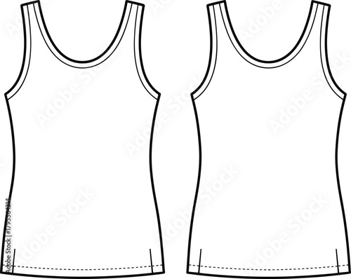 Technical flat sketch of sleeveless tank top, scoop neck design, fashion illustration, garment template, apparel outline, clothing blueprint, vector drawing, sewing construction details
