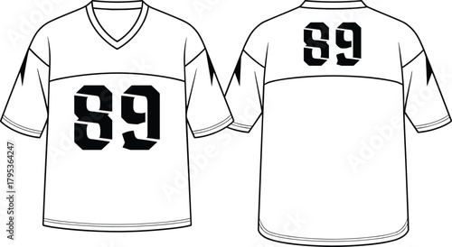 Technical flat sketch of sports jersey, short sleeve V-neck design, athletic uniform template, garment construction drawing, apparel illustration, vector outline, teamwear details