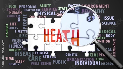 Health under magnifying glass, being researched, studied and examined. Most important subjects and ideas closely related to health presented as a word cloud. Complexity of health. Can be looped.