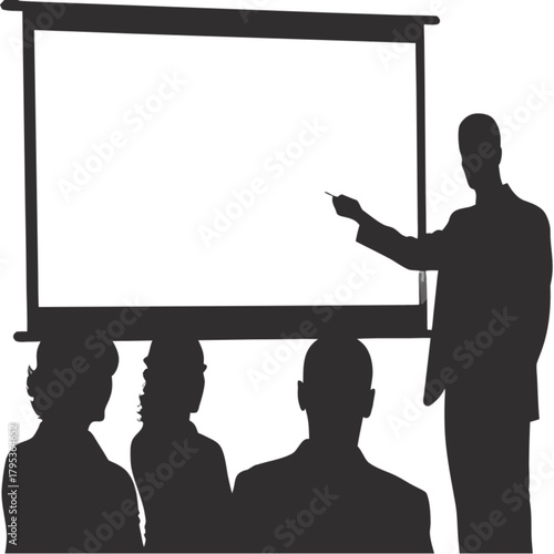 Black silhouette of a businessman in a suit presenting to an audience, pointing at a blank projection screen.