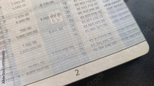 Macro view of banking record page showing numbers and blue patterned background.
