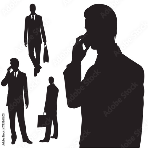 Collection of black vector silhouettes of a businessman in a suit, talking on a phone and holding a briefcase.