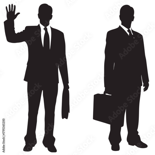 Two professional businessmen silhouettes in formal suits carrying briefcases, one waving.
