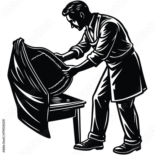 Revealing the Art Silhouette Man Unveiling Hidden Sculpture Cover on White Background